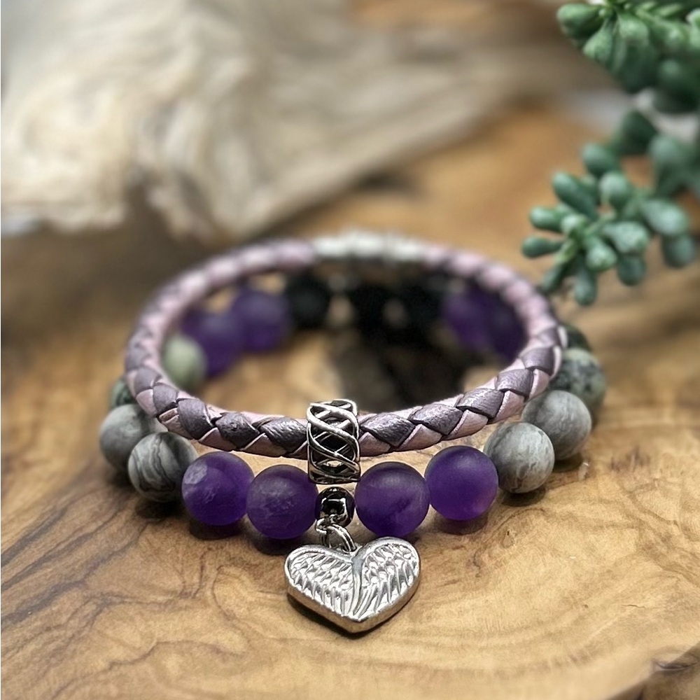 Chic Amethyst, Gray Jasper, & Leather Bracelet Stack Angel wings charm